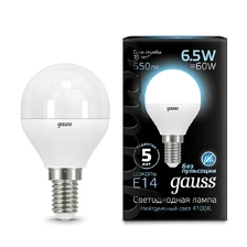 Светодиодная лампа Gauss Шар 6,5W 550Lm 4100K E14 105101207 1